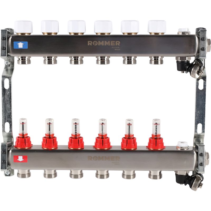 Коллекторная группа с расходомерами 6 выходов (нерж. сталь) Rommer