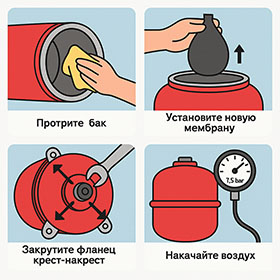 Установка новой мембраны и накачка воздуха до ~1,5 бара